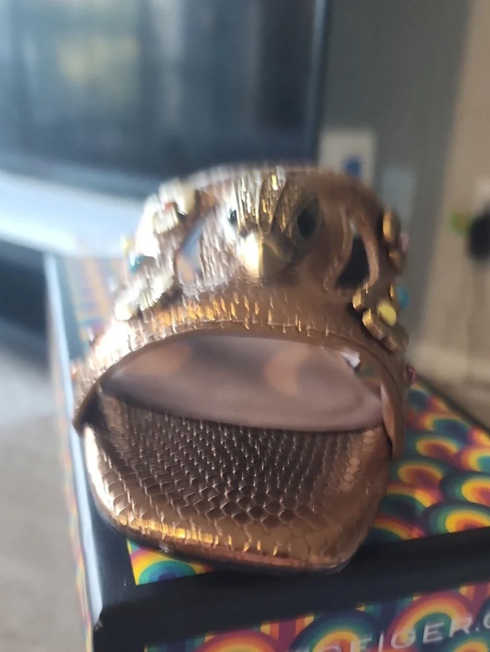 Kurt Geiger Metallic Bronze Slide with Floral Studs and Owl Accent